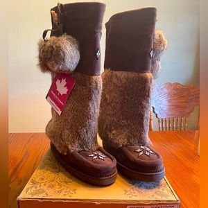 Chocolate suede Manitobah mukluks with hand beaded detail.